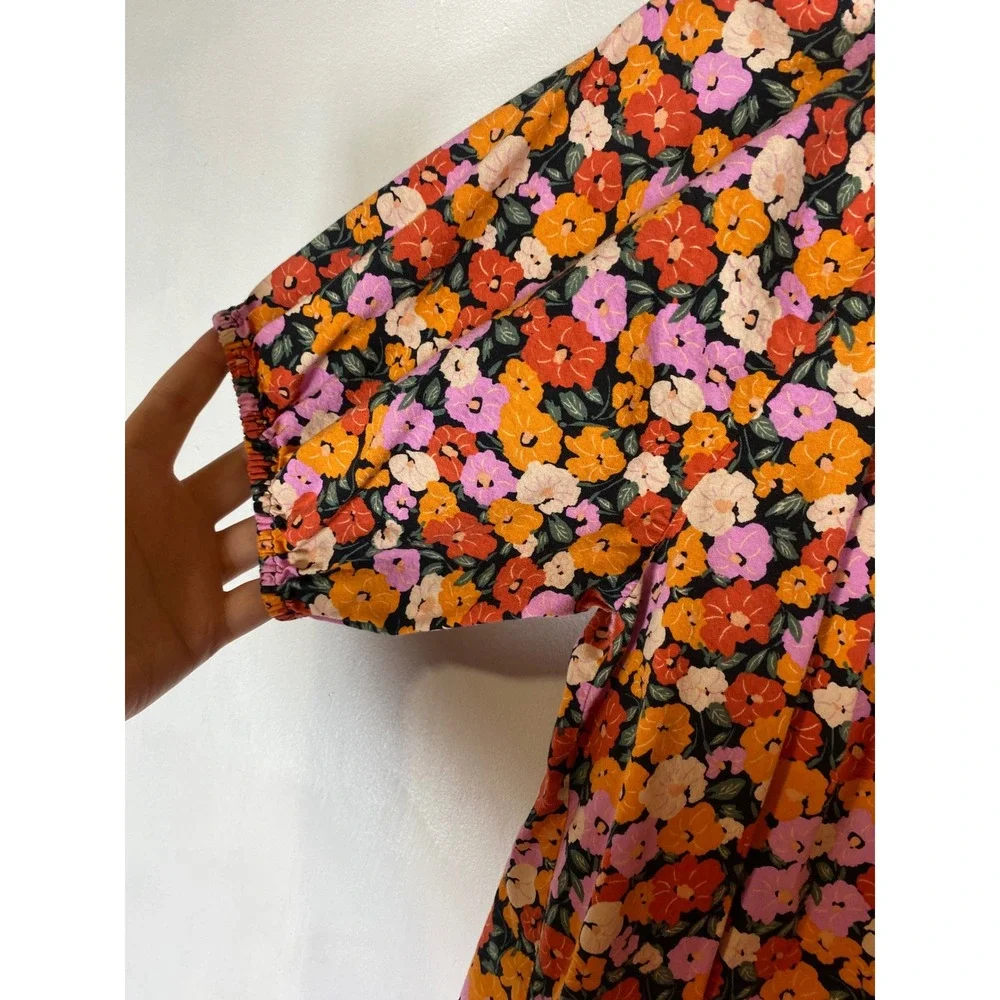 LOFT Floral Peasant Blouse Small Puff Sleeve Tie Neck Boho Cottagecore Top S